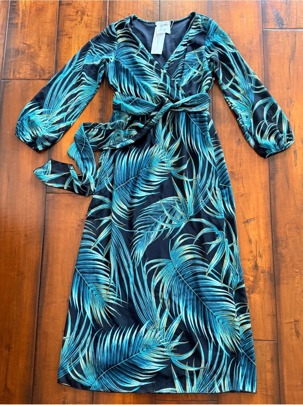 NWT Club Soda Teal Palm-Print Wrap Maxi Dress with Tie Waist